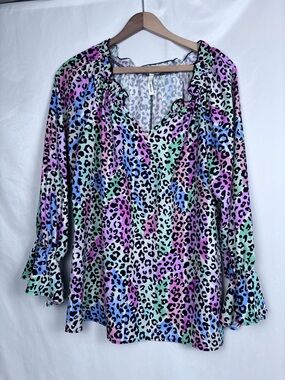 Women's Multi-Color Leopard Print Ruffle V-Neck Top